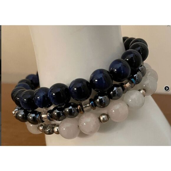 Trio Of Gemstone Black And White Beaded Stretch Bracelets - Picture 1 of 2